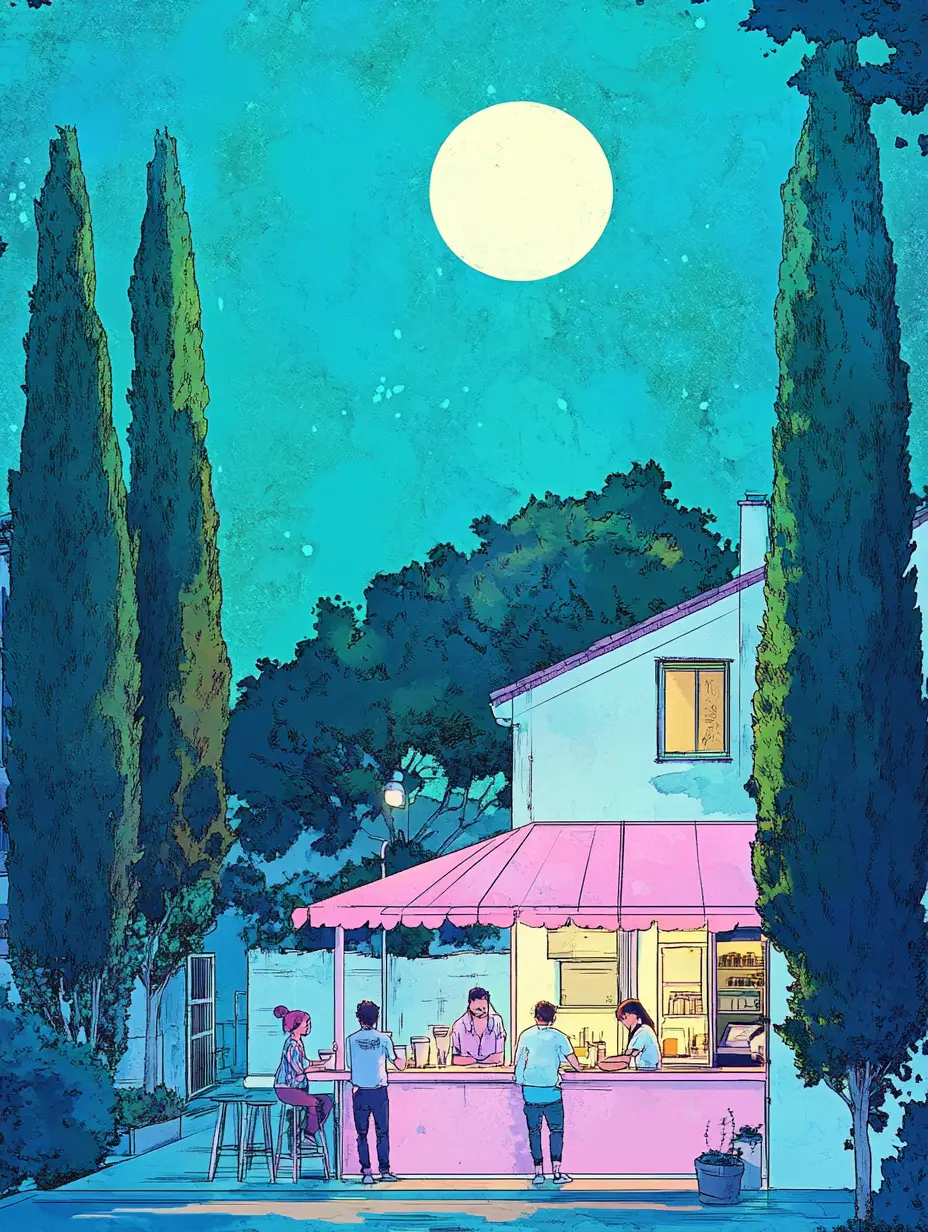Colorful anime town street with pink cafe and full moon