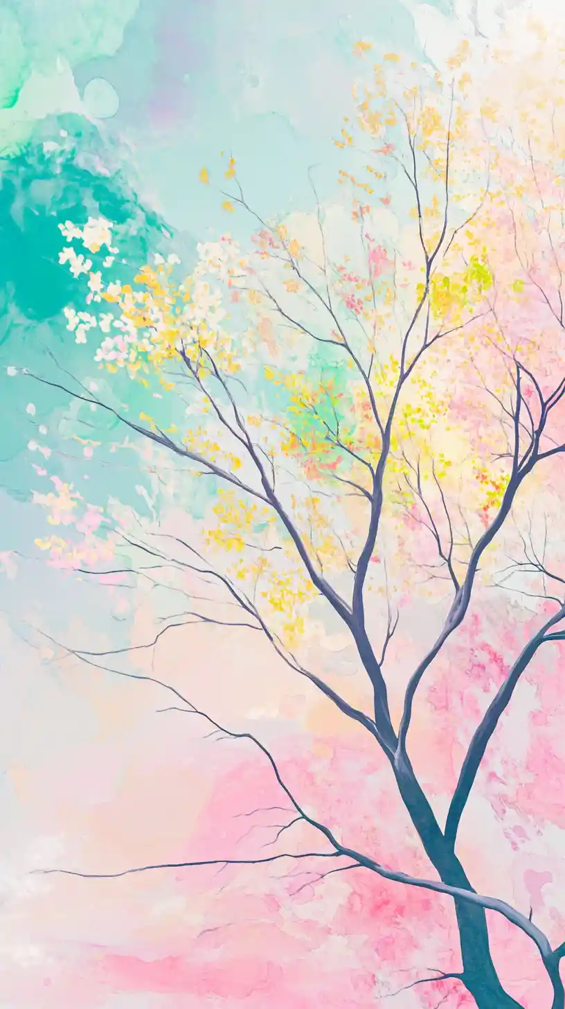 Whimsical pastel tree against a bright abstract sky
