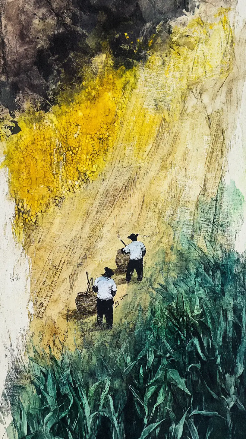 Two farmers working in a large cornfield illustration