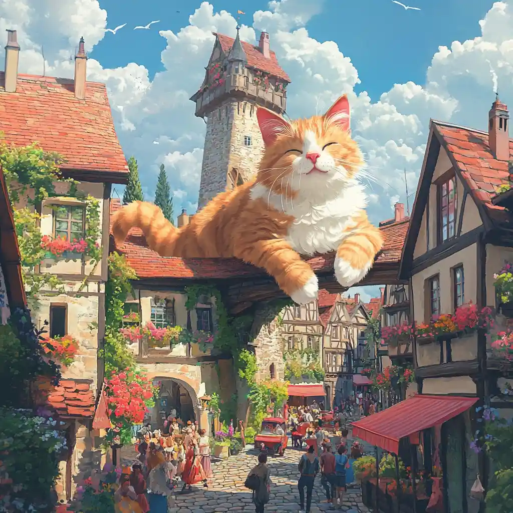 Chat géant et duveteux se reposant au‑dessus d’un village ensoleillé