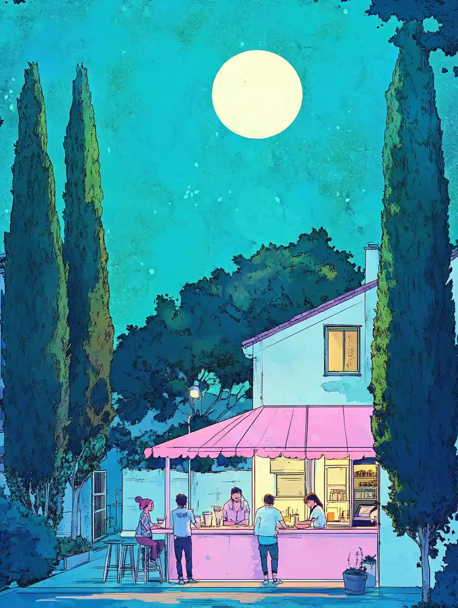 Colorful anime town street with pink cafe and full moon