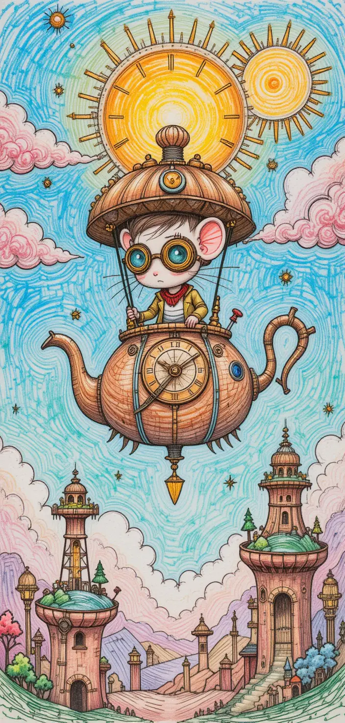 Tiny mouse inventor flying a teapot airship