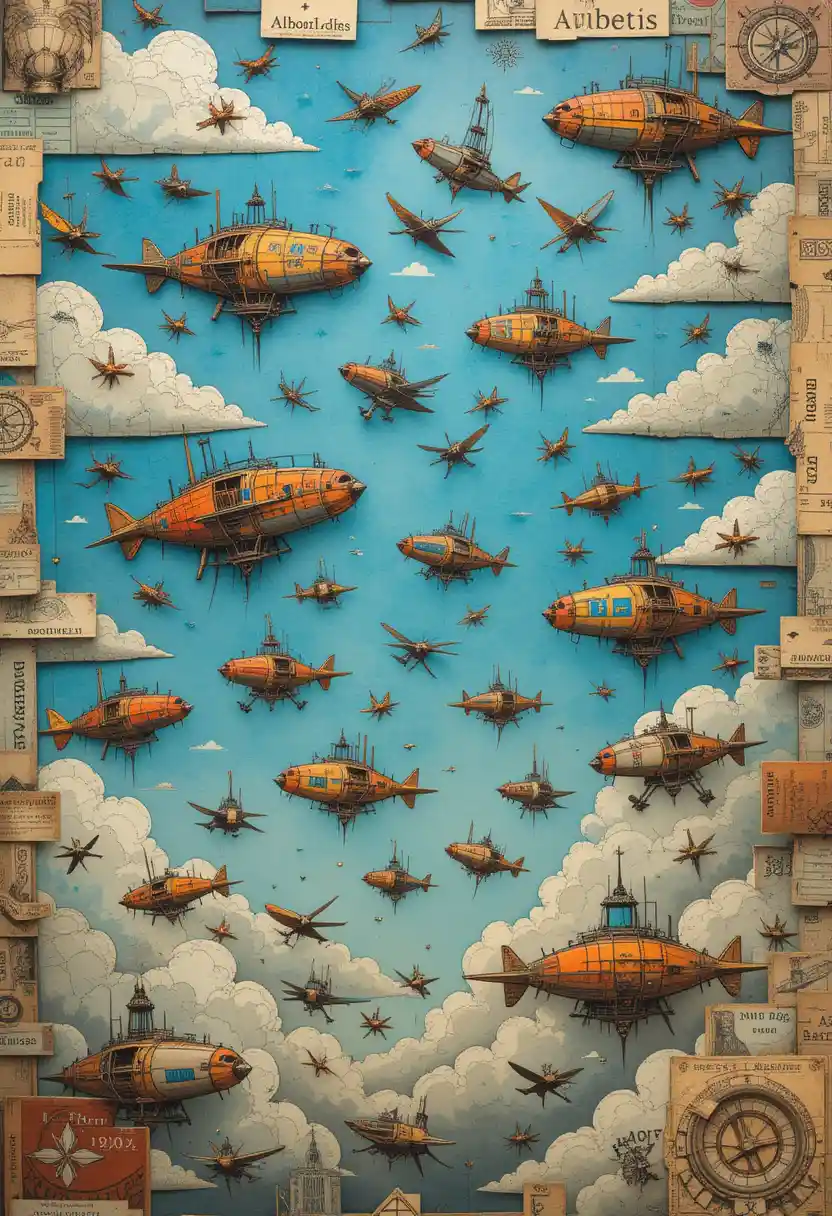 Whimsical collage of vintage flying machines in the sky