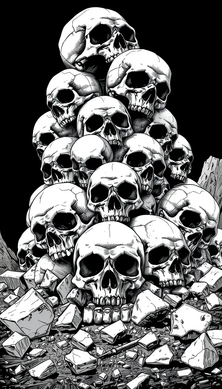 Manga Illustration Of Piled Human Skulls In Harsh Contrast