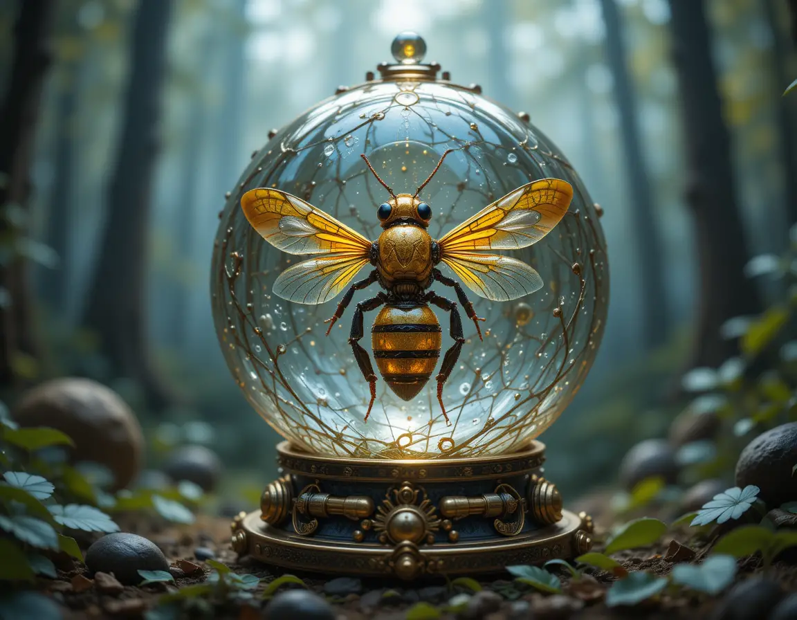 Glass sphere containing a steampunk bee in a fantasy forest