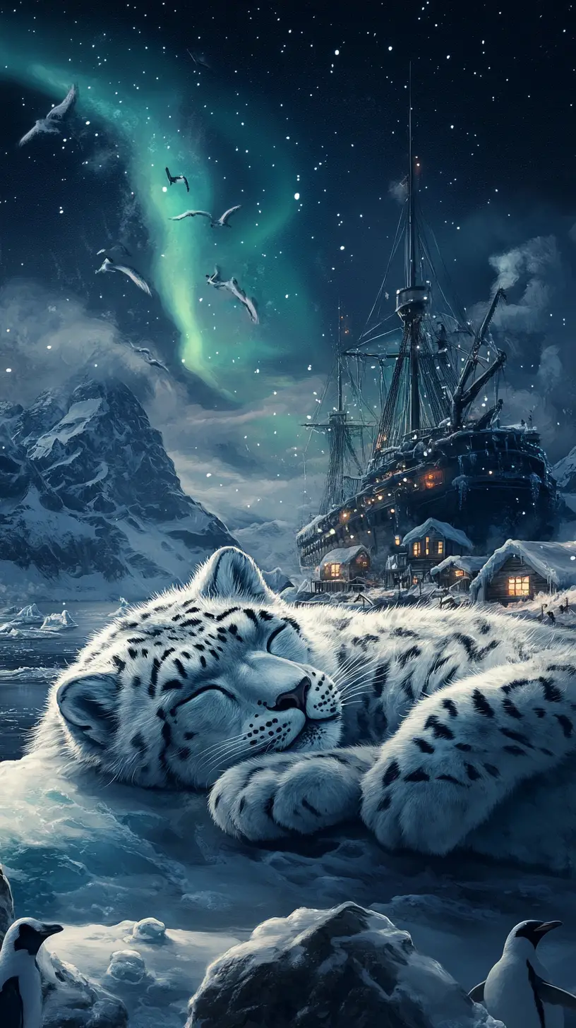Giant snow leopard above an arctic village at night