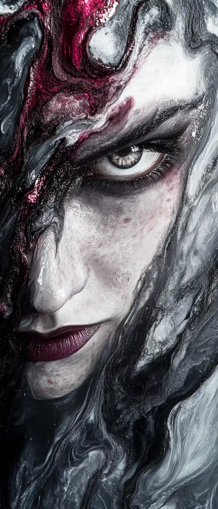 Vampire face veiled in swirling ink shadows