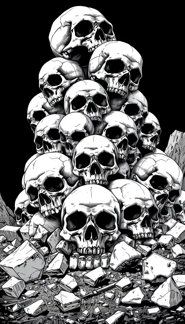 Manga Illustration Of Piled Human Skulls In Harsh Contrast