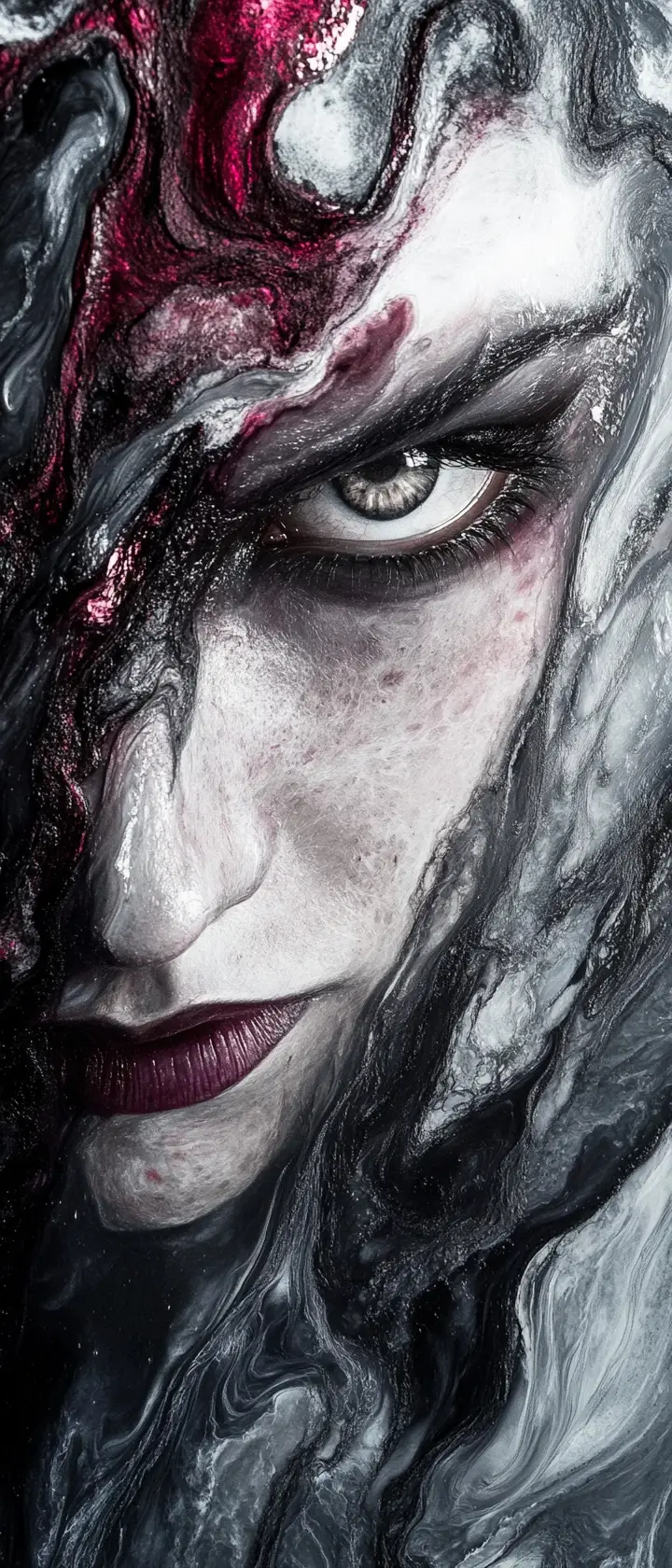 Vampire face veiled in swirling ink shadows