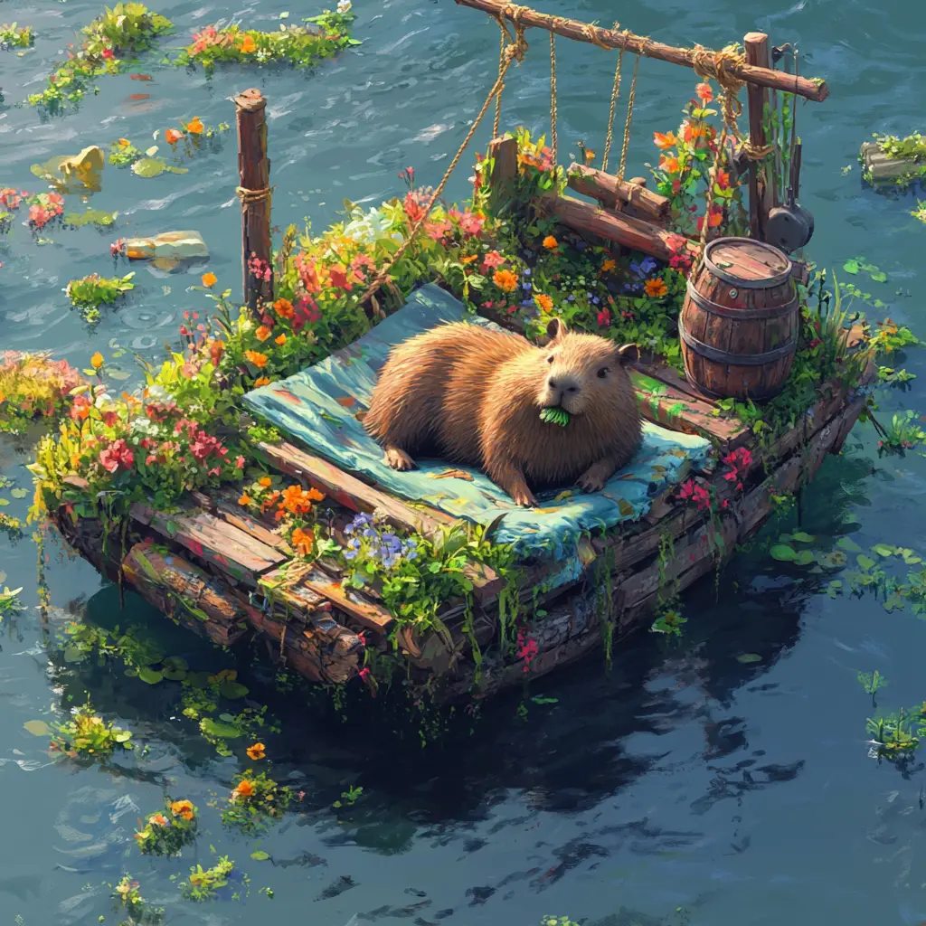 Capybara Resting On Floating Island Sanctuary At Sea