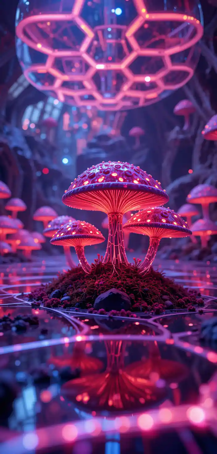 Glowing Crystal Mushrooms On Futuristic Neon Hexagon Floor