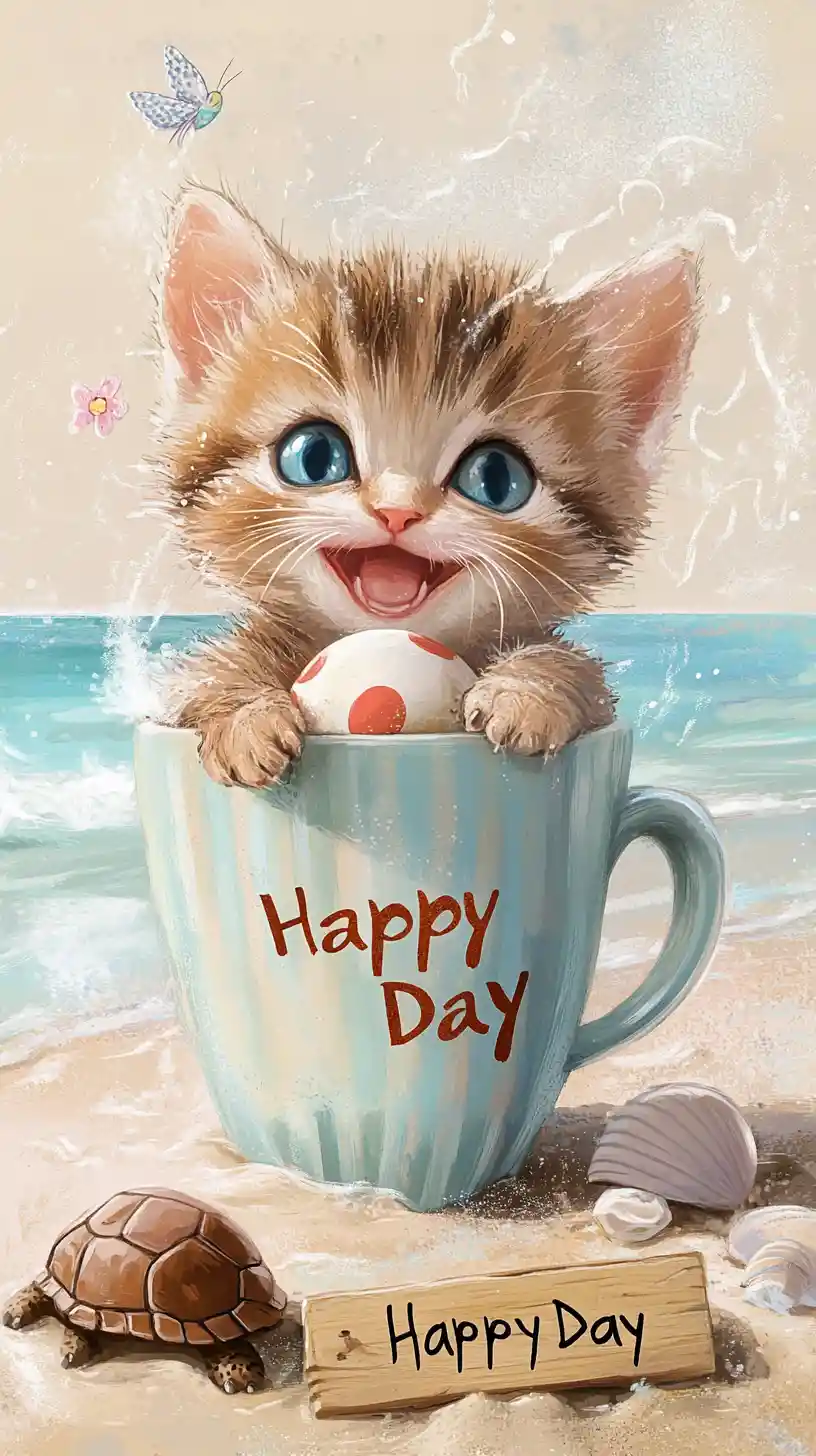 Cute kitten in coffee cup playing on sunny beach