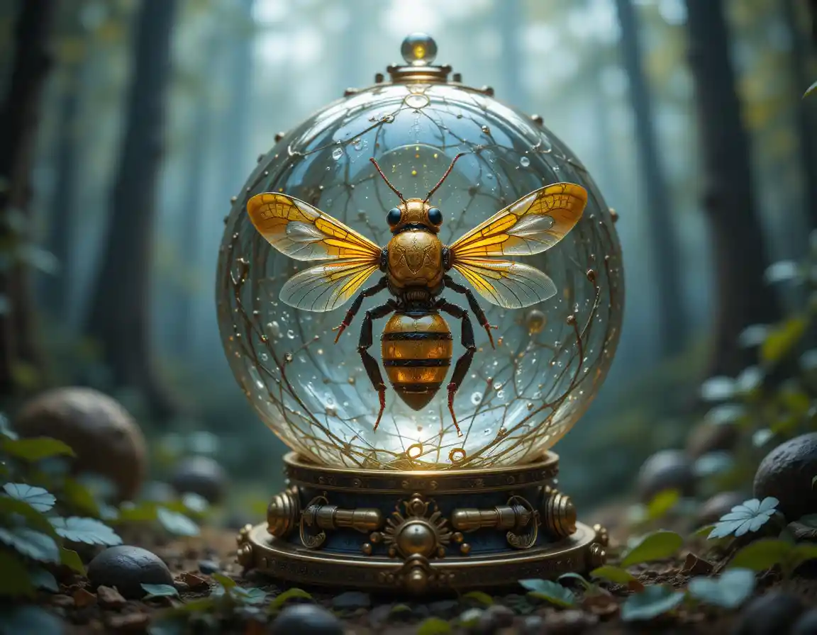 Glass sphere containing a steampunk bee in a fantasy forest