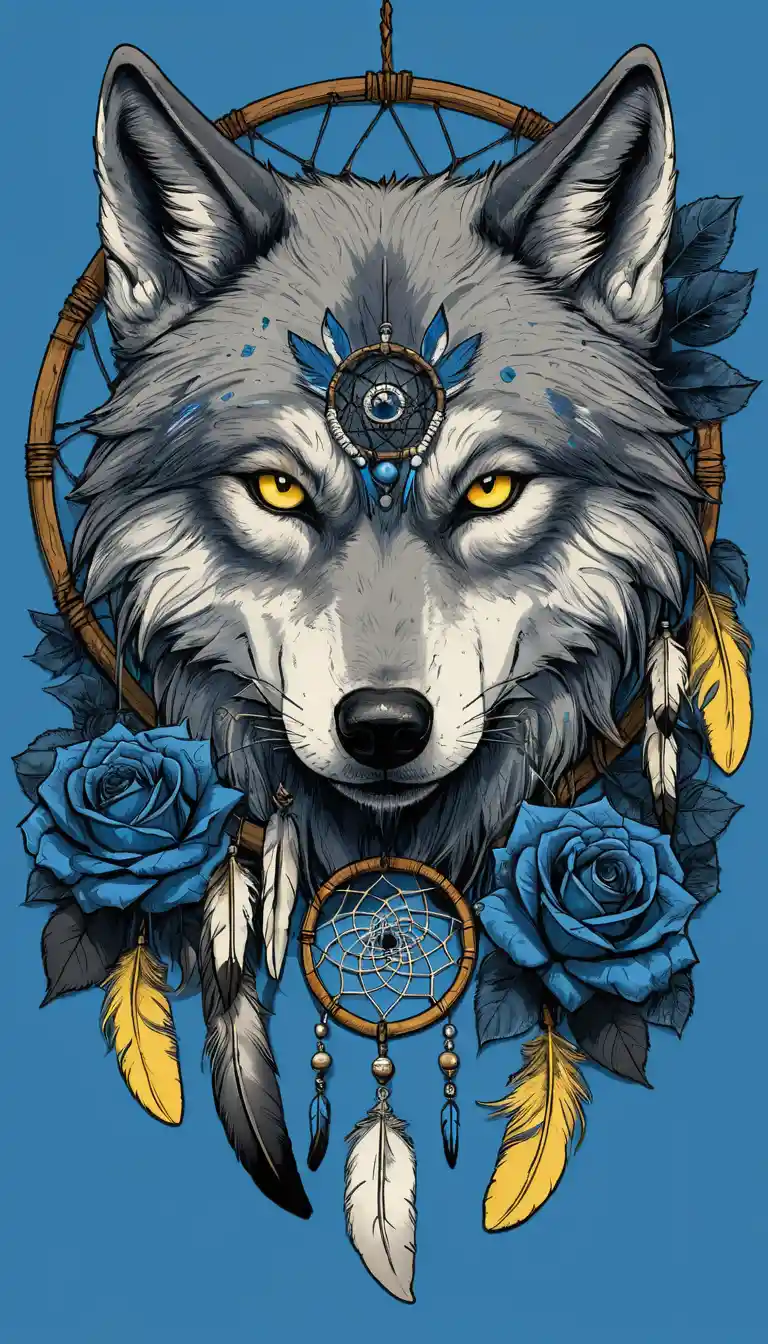 Mystical blue wolf portrait with dreamcatcher and roses