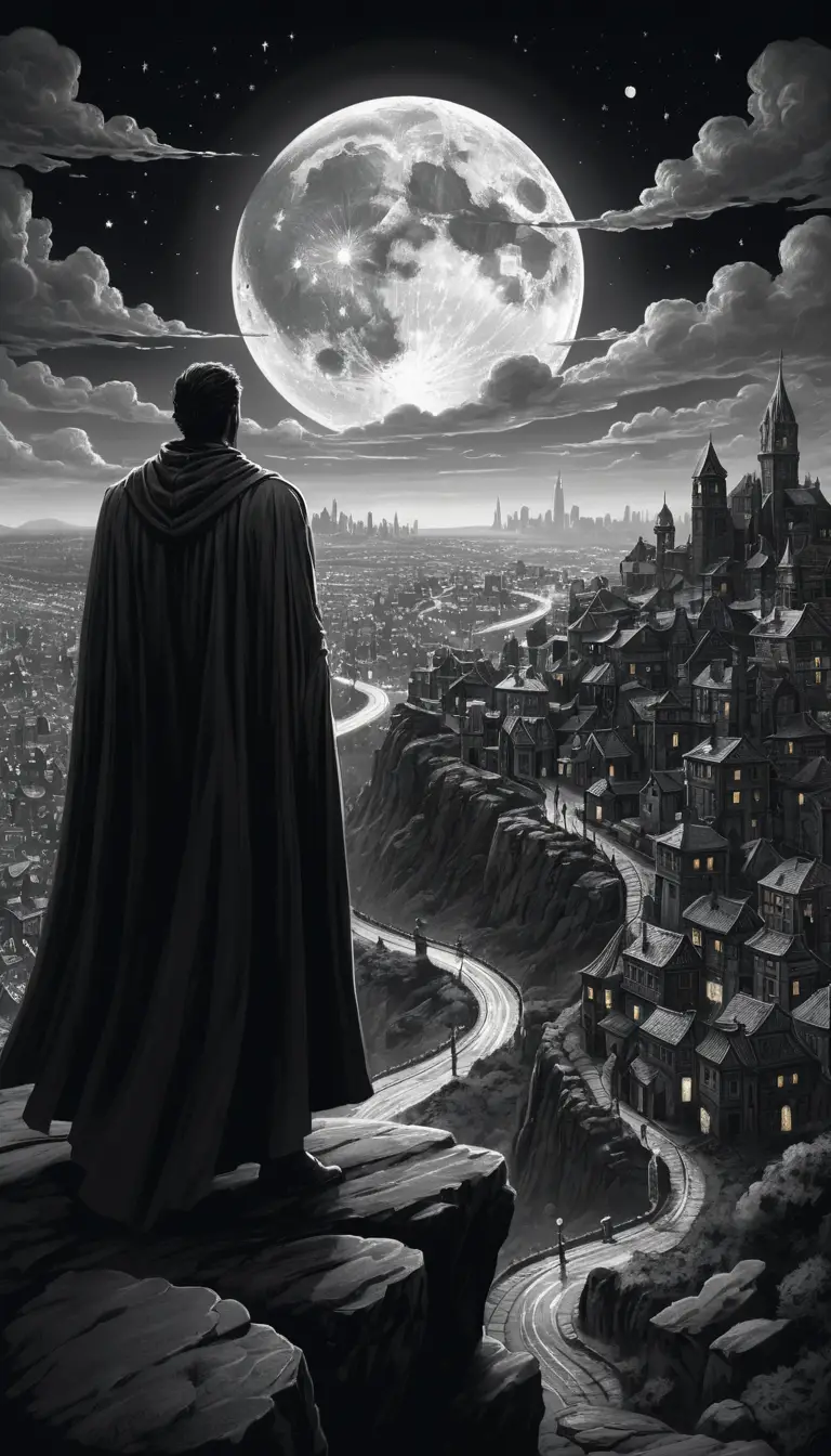 Lone cloaked figure overlooking a fantastical hillside city