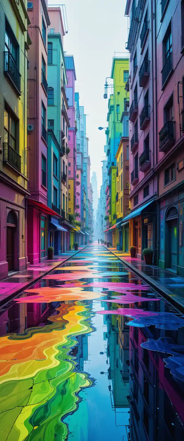 Surreal rainbow cityscape with flowing abstract architecture