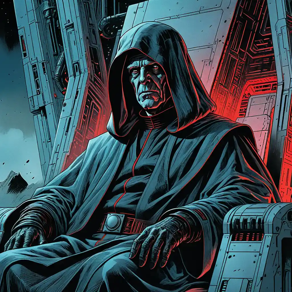 Sinister hooded villain on a sci fi throne