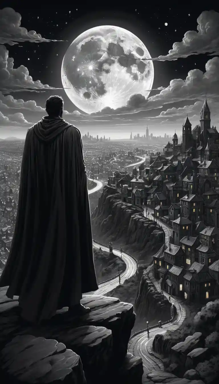 Lone cloaked figure overlooking a fantastical hillside city