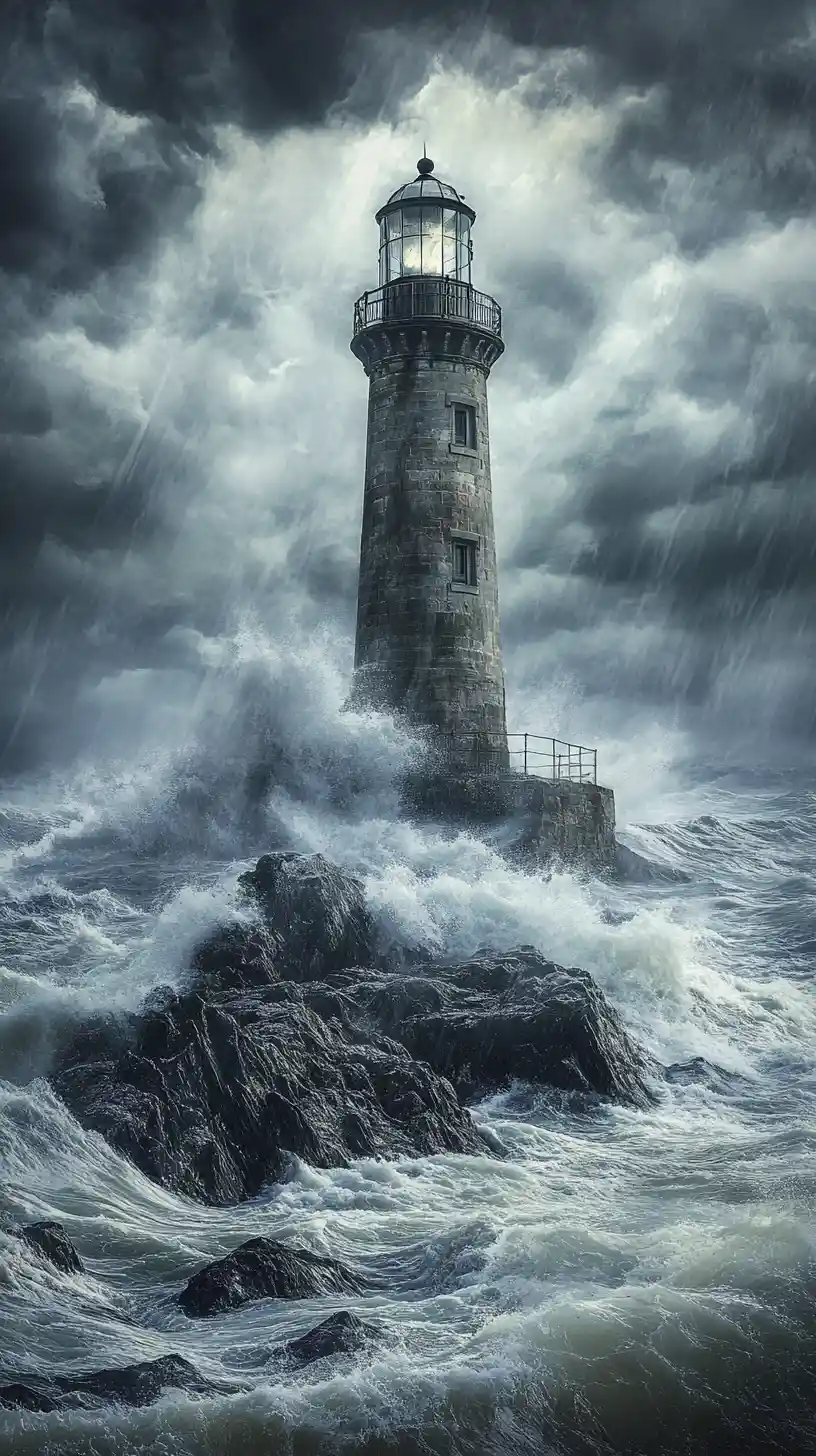 Stormy Sea Lighthouse On Rugged Rocky Coastline Painting