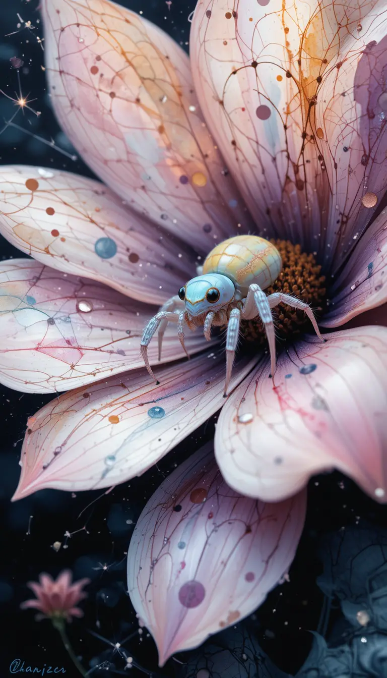 Pastel spider on abstract blooming flower in dreamy scene