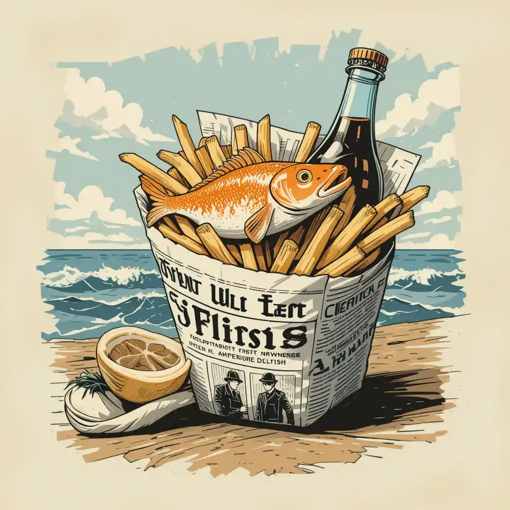 Fish and chips in newspaper with seaside breeze background