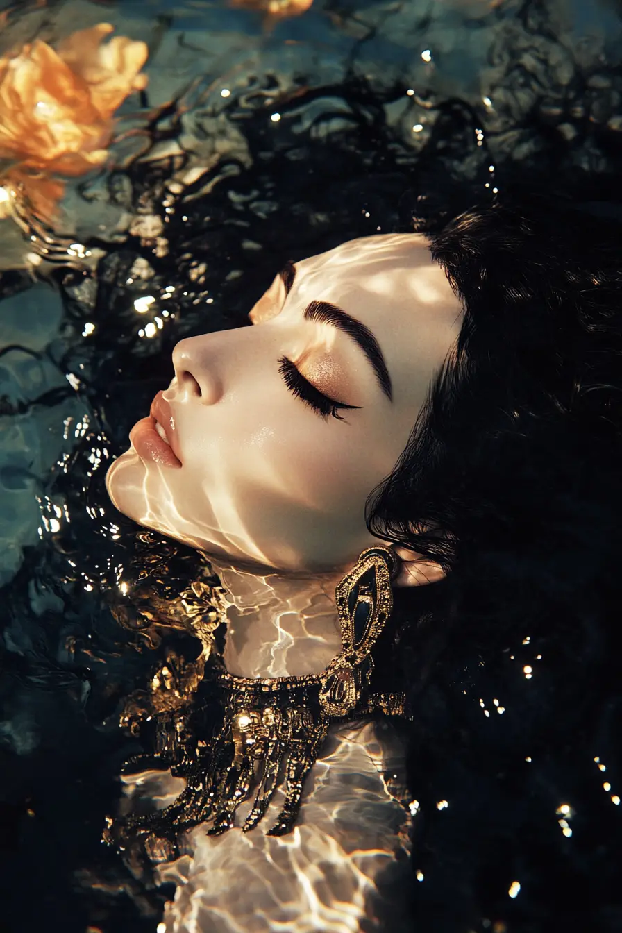 Cleopatra Floating Underwater In Golden Mystic Light