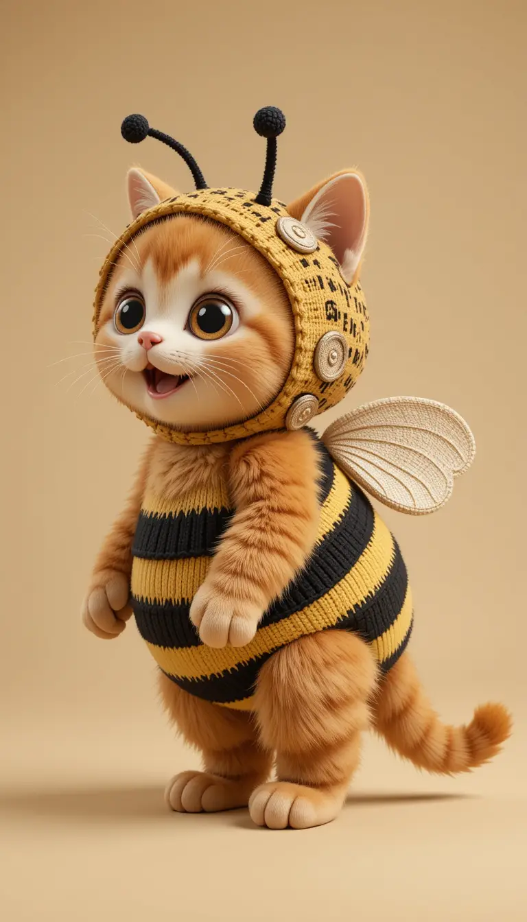 Chubby Orange Tabby Kitten In Handmade Bee Costume Turnaround