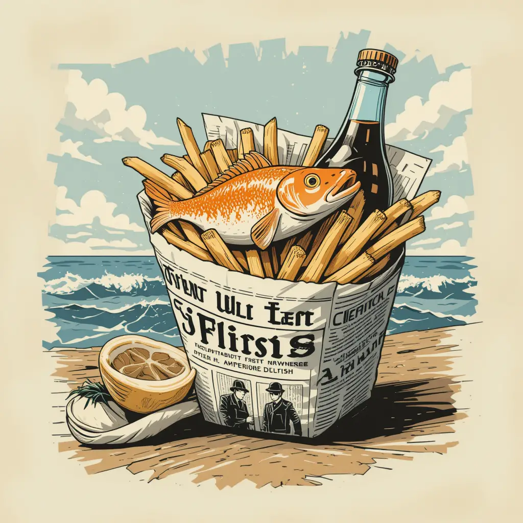 Fish and chips in newspaper with seaside breeze background