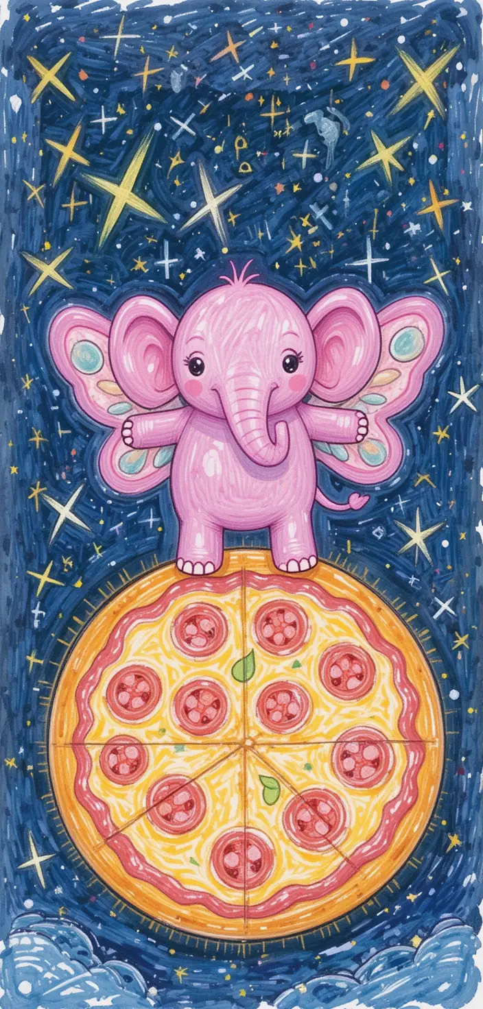 Pink elephant with wings on pizza floating in space