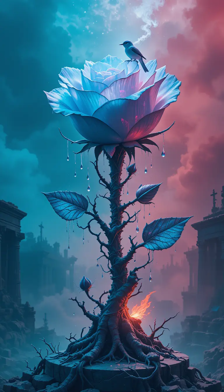 Imponente rosa azul floreciendo entre las ruinas de un antiguo templo sumergido