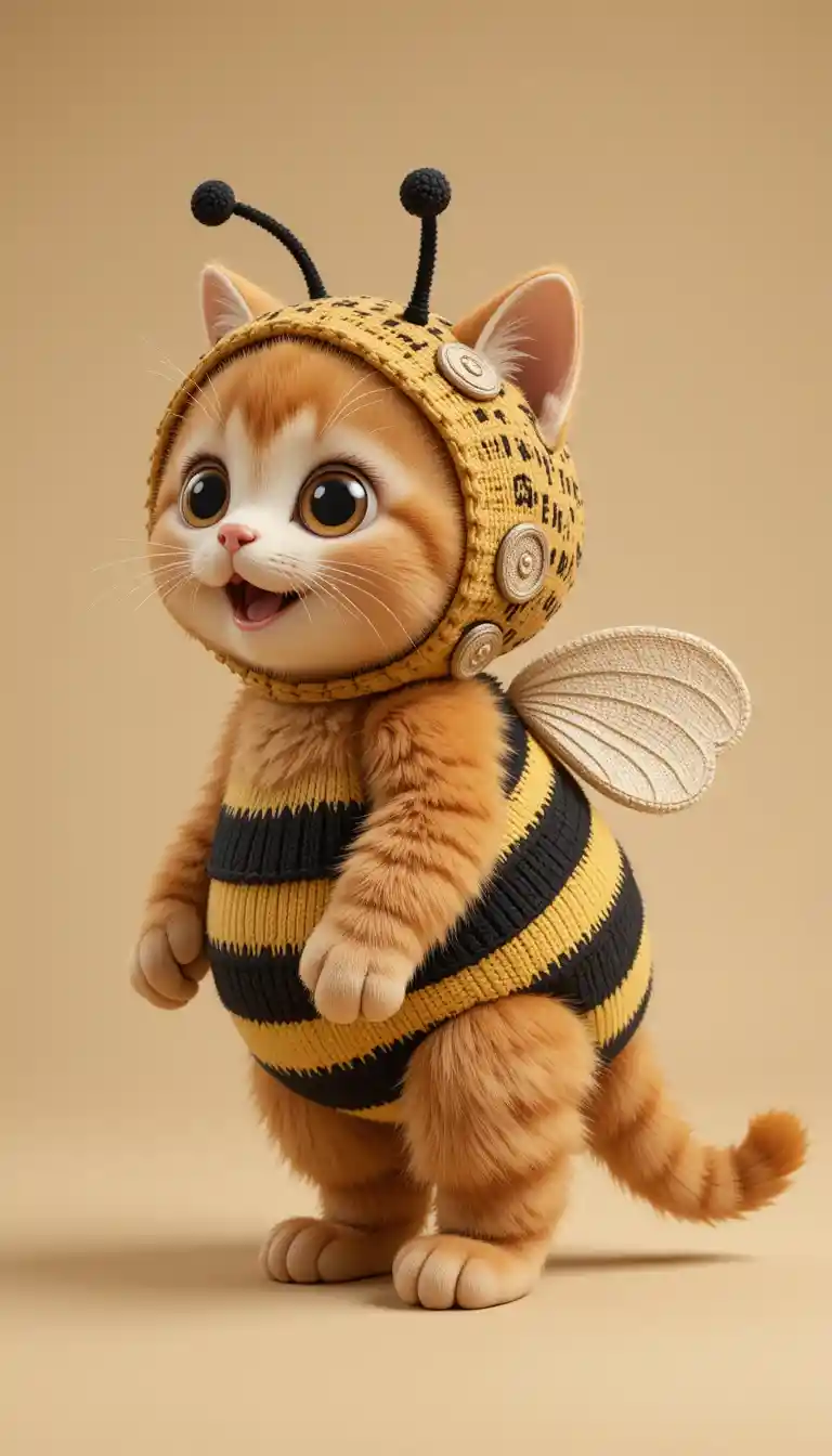 Gattito Atigrado Naranja Gordito con Disfraz de Abeja Hecho a Mano en Vista 360°