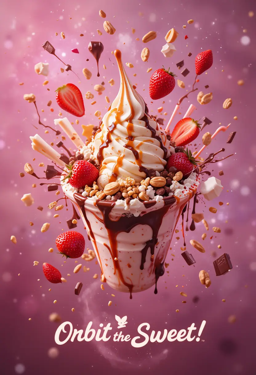 Floating ice cream sundae exploding into a cosmic nebula