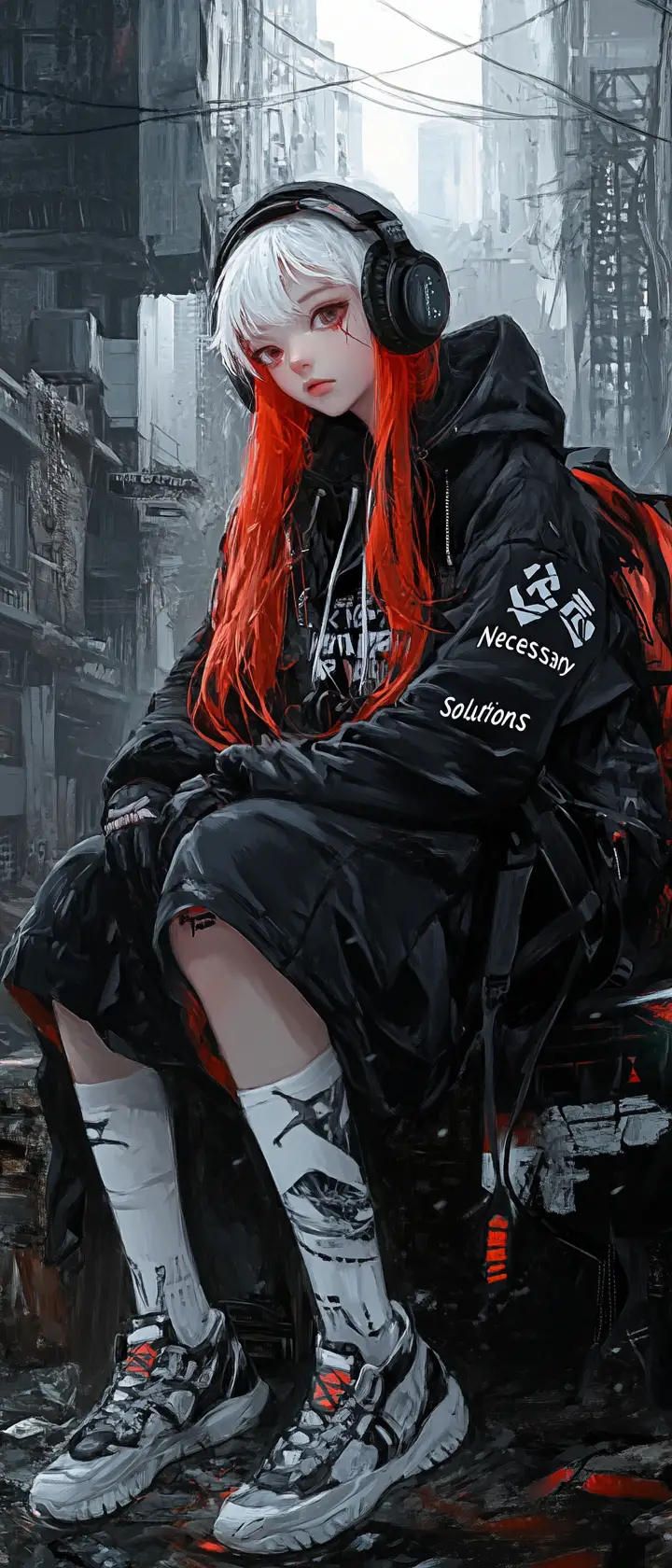 Anime girl with headphones in ruined cityscape