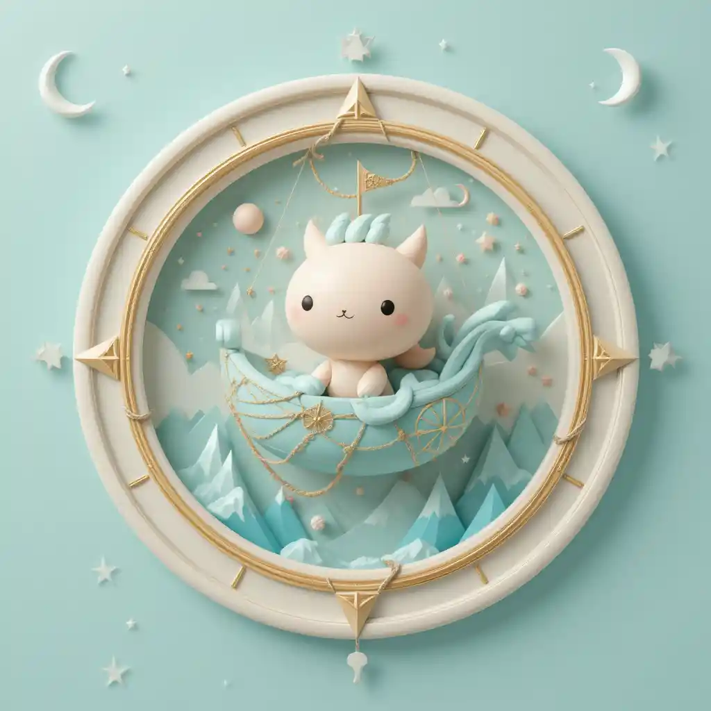 Whimsical 3d compass creature in pastel fantasy circle