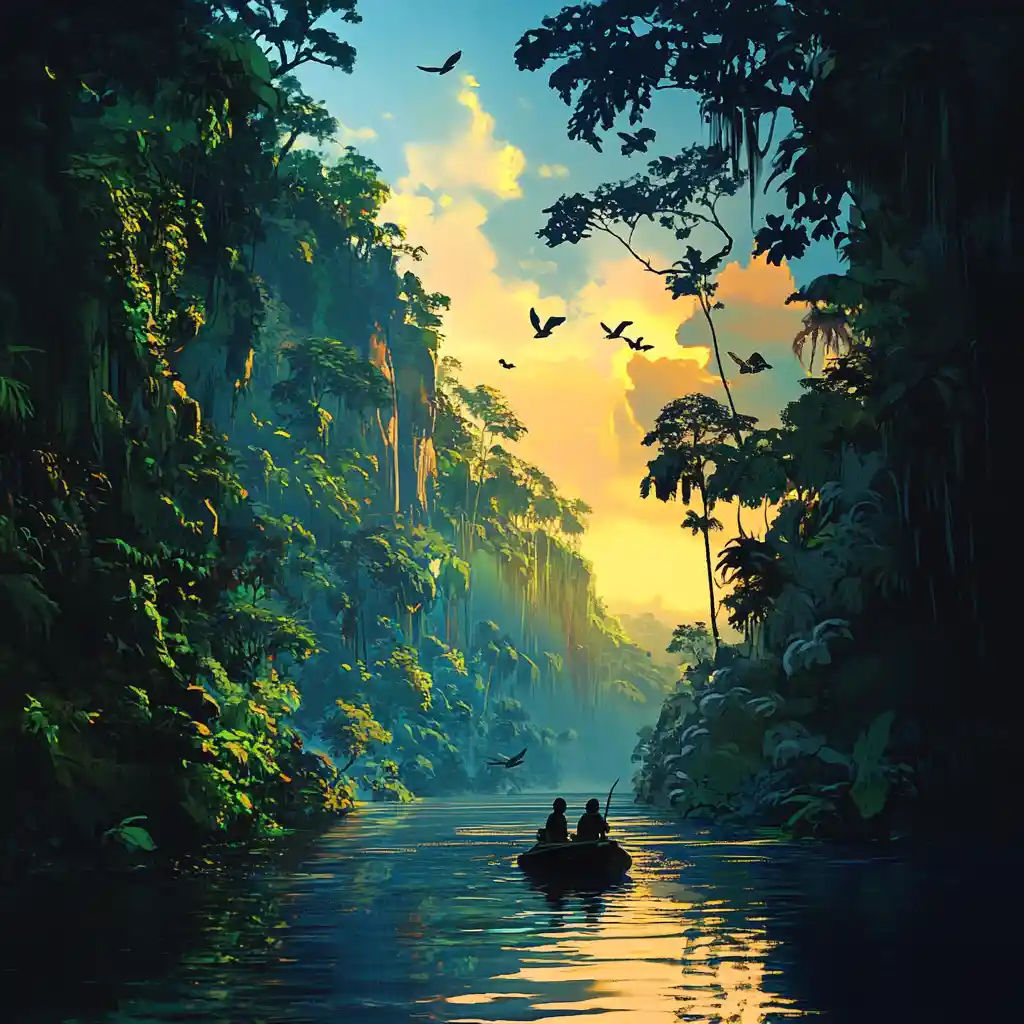 Adventurous man exploring the jungle along the Amazon river