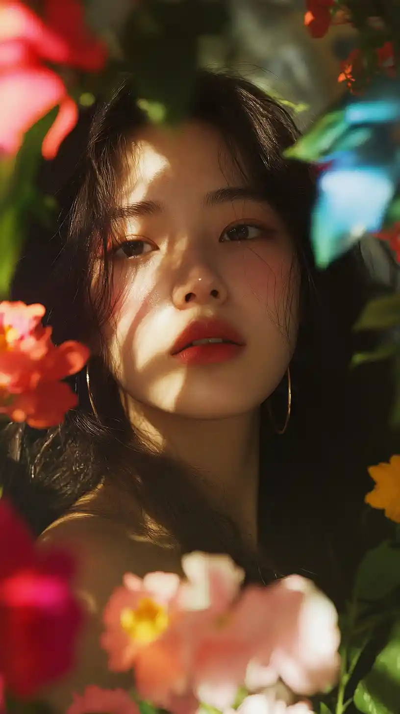 Dreamy floral close up portrait of a young Korean woman