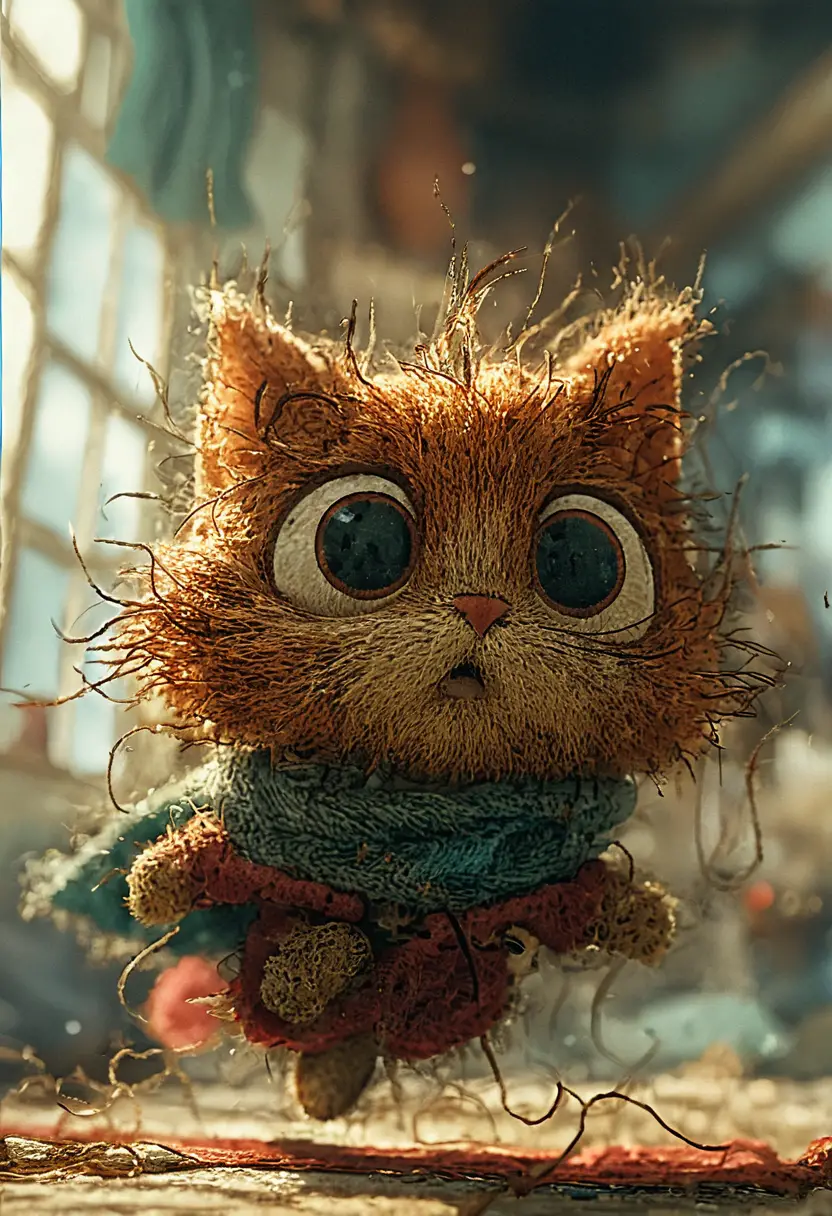 Cute orange furry cat in scarf and robe indoors
