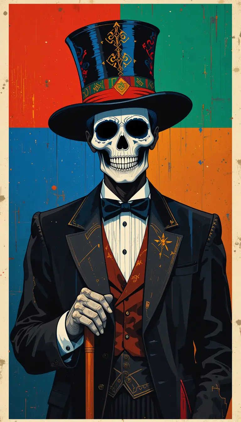 Bauhaus style digital illustration of Baron Samedi figure