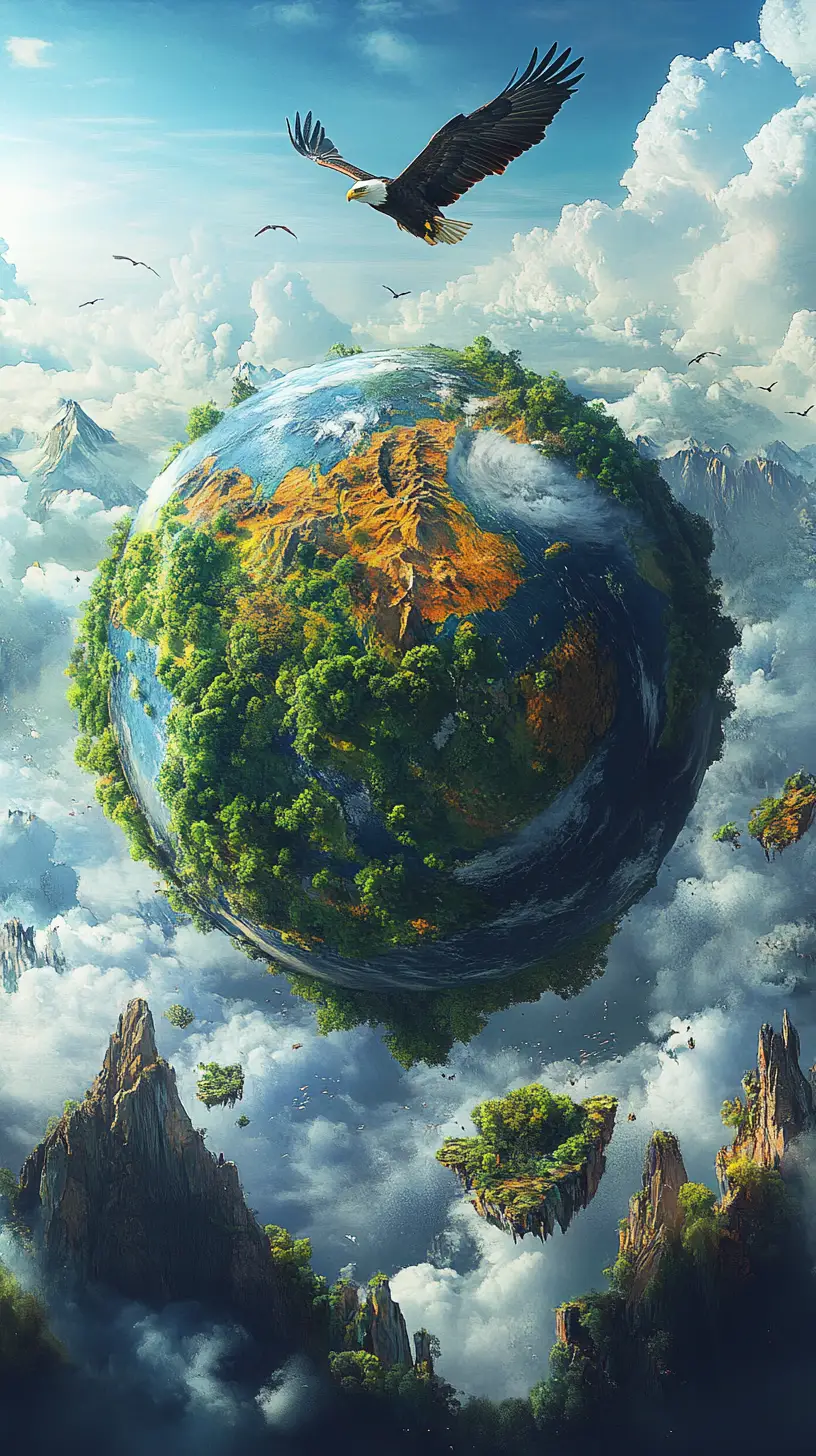 Floating earth wrapped in clouds and lush green trees