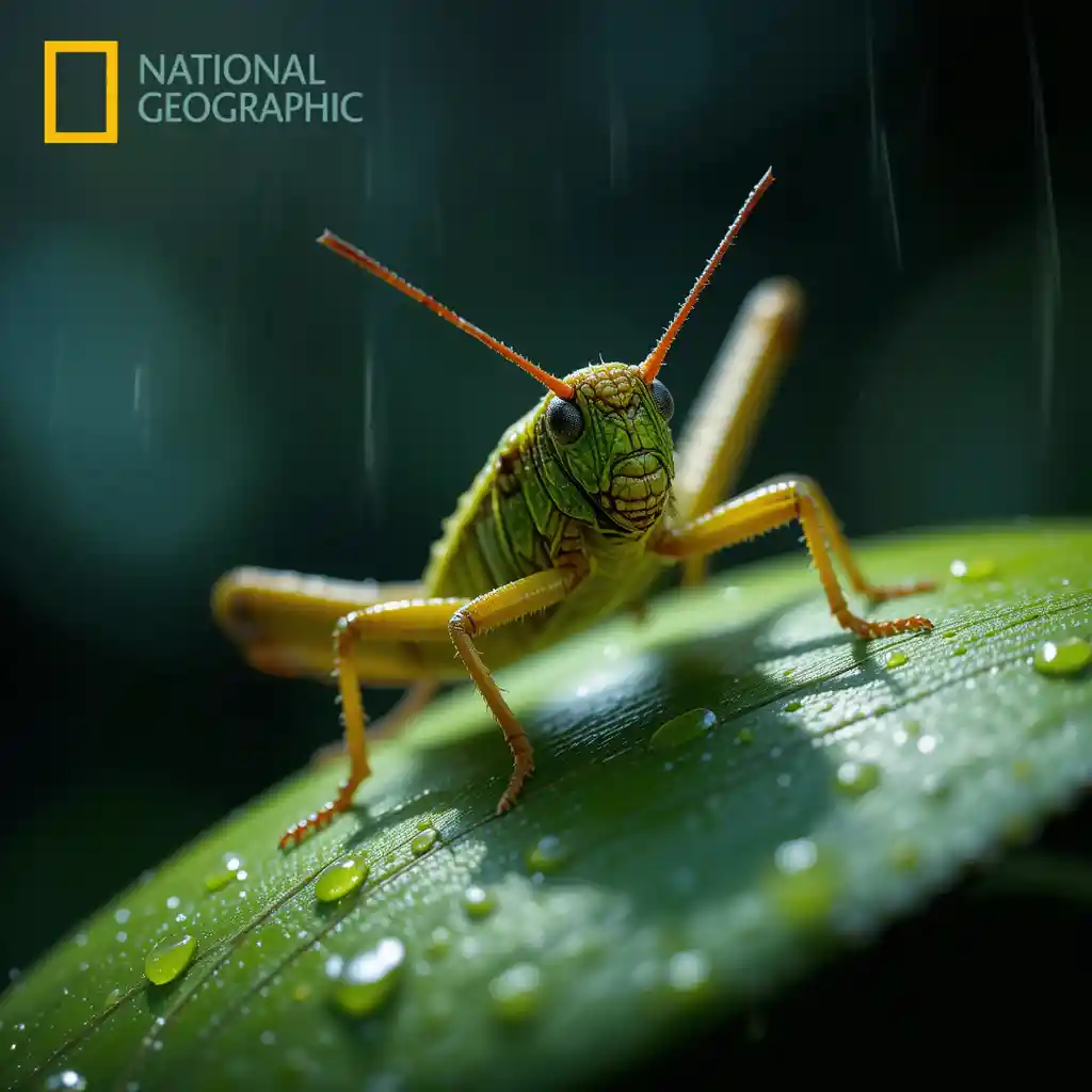 Gafanhoto em close-up em folha verde com orvalho ao nascer do sol