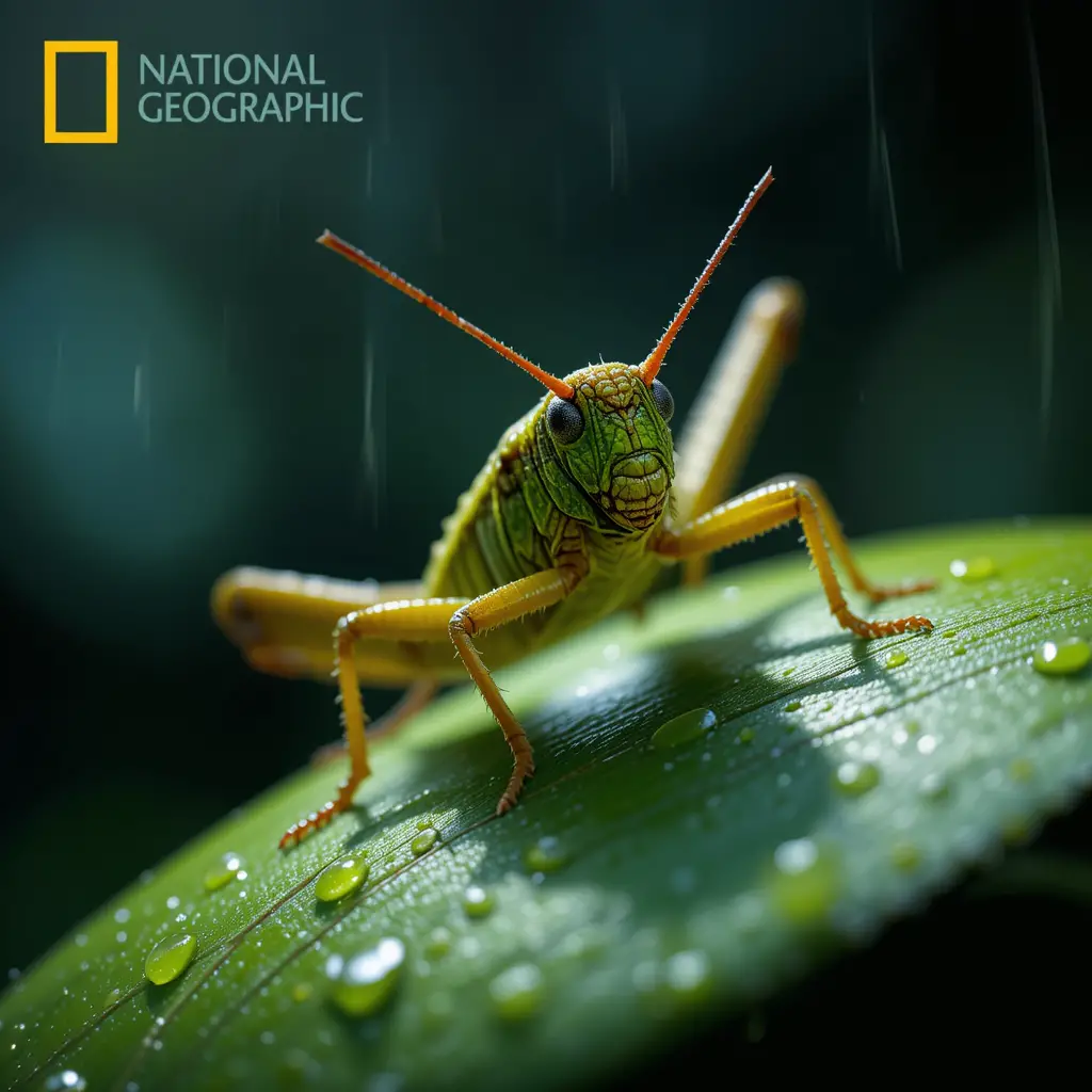 Grasshopper close up on dewy green leaf at sunrise