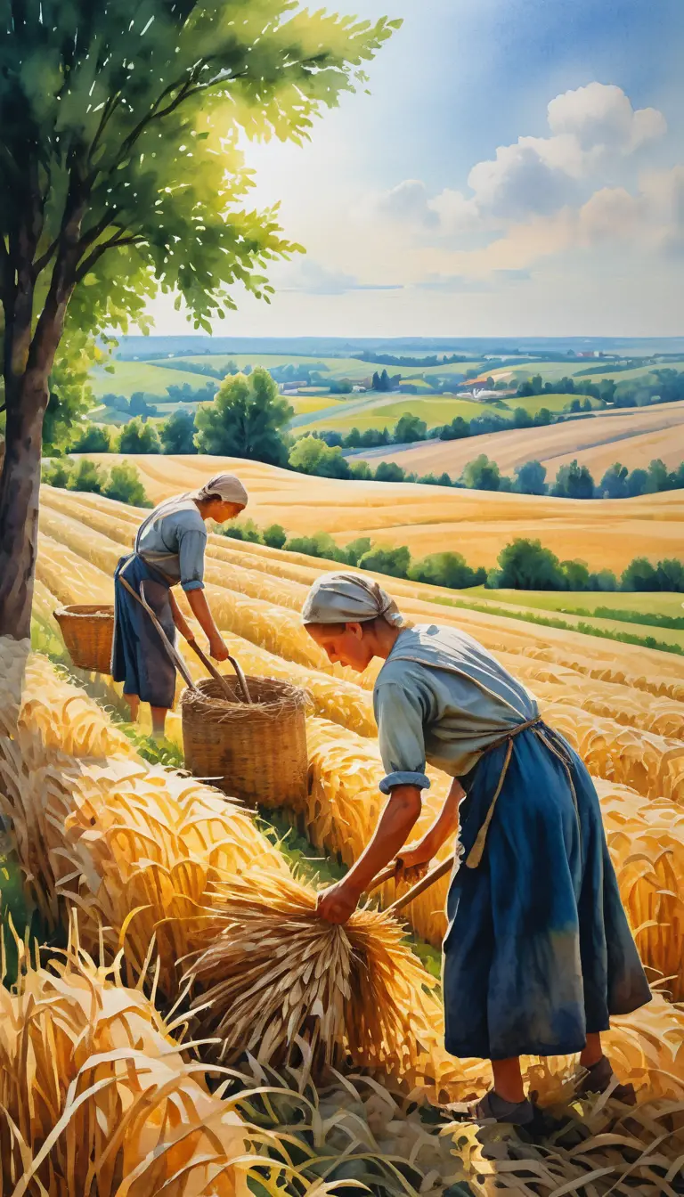 Pintura en vidrio inverso de campesinos ucranianos haciendo heno al sol