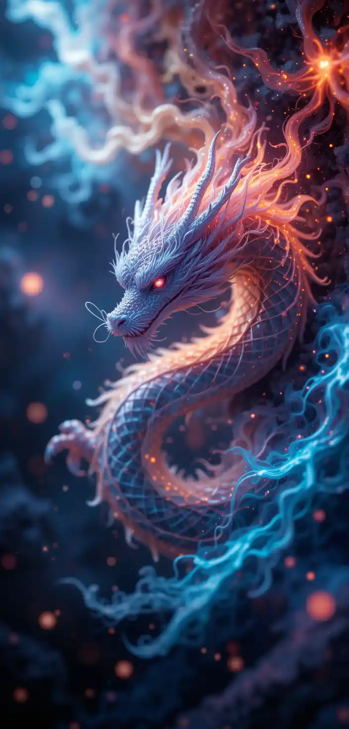 Chinese dragon in abstract swirling nebula close up
