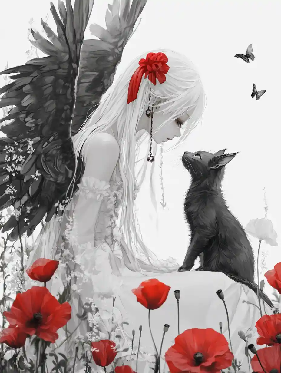 Anime doll like girl with cat in poppy flower field