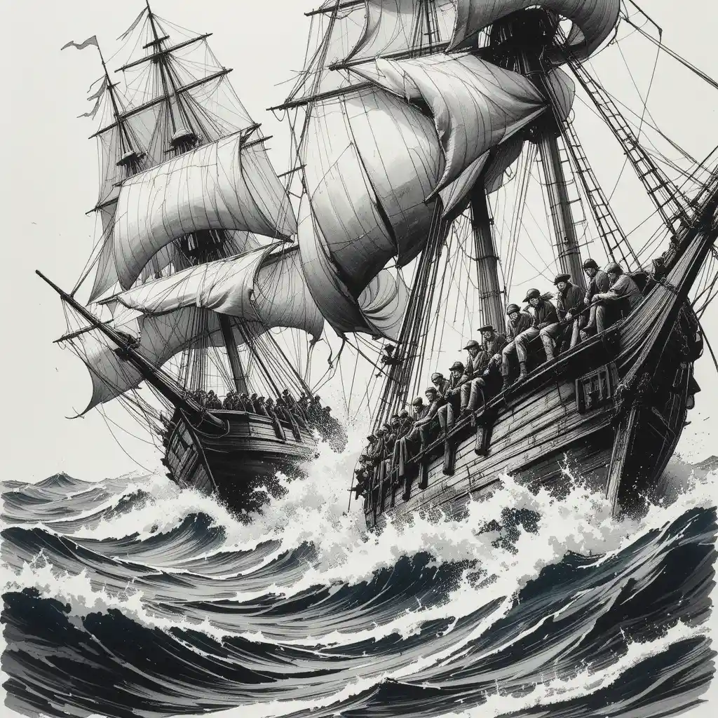 Nave pirata attacca mercantile in mare in tempesta