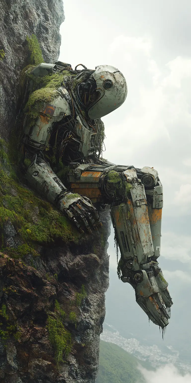 Rusty moss covered mecha resting beside a mountain cliff