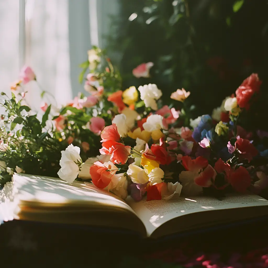 Open book with glowing flowers and soft bokeh