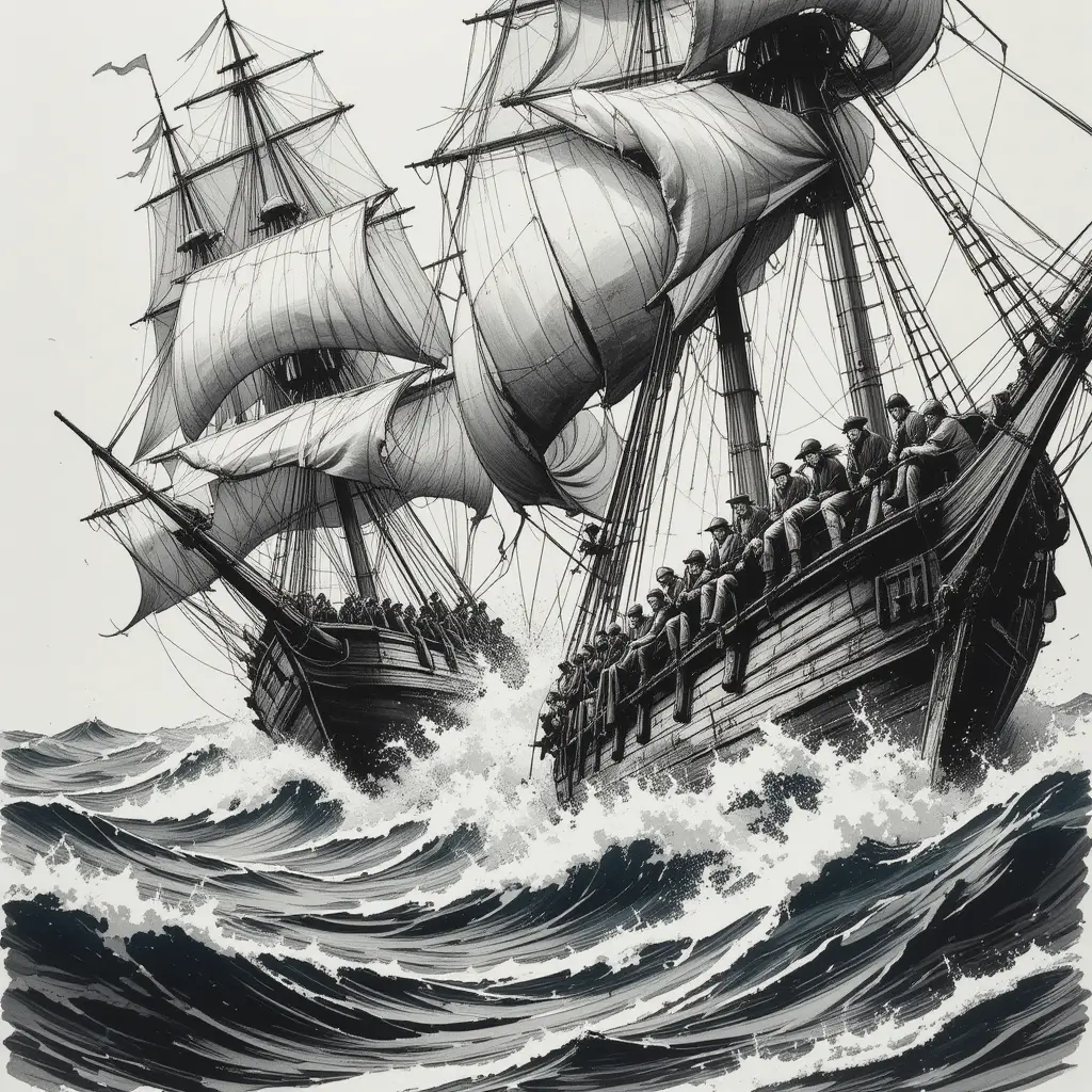 Pirate Ship Attacks Merchant Vessel In Stormy Sea