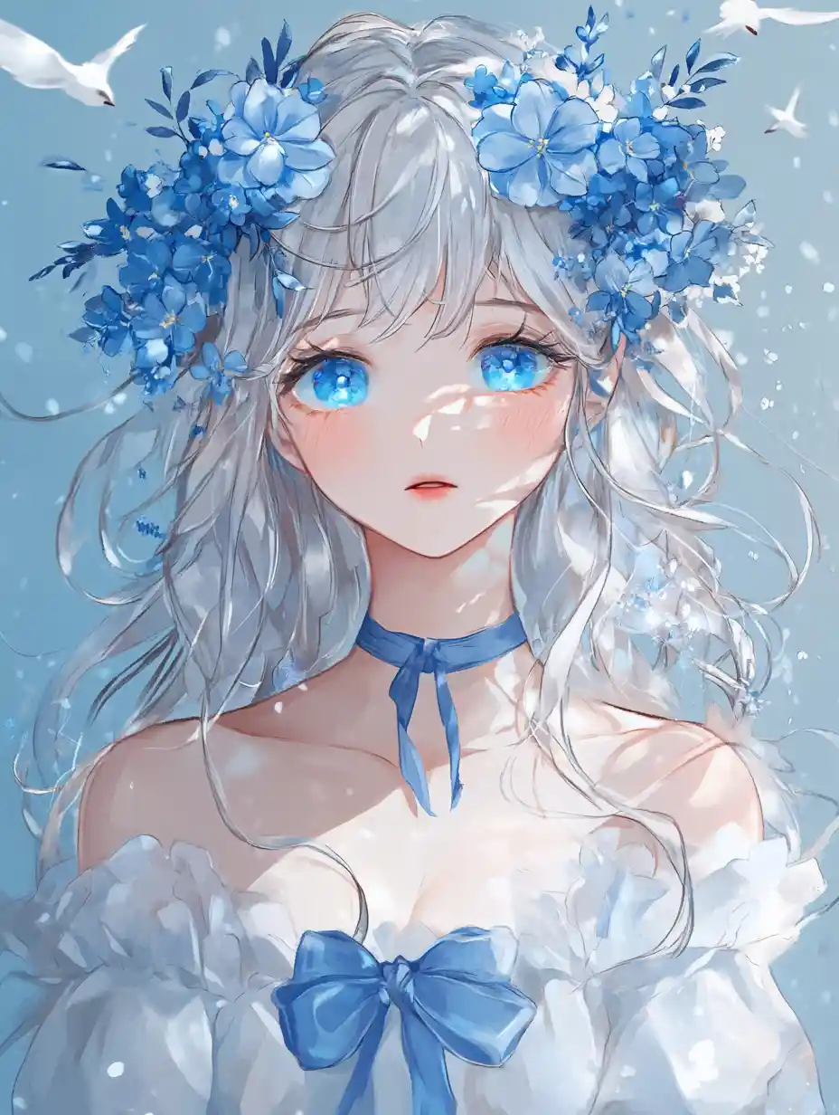 Dreamy anime girl portrait with soft blue background