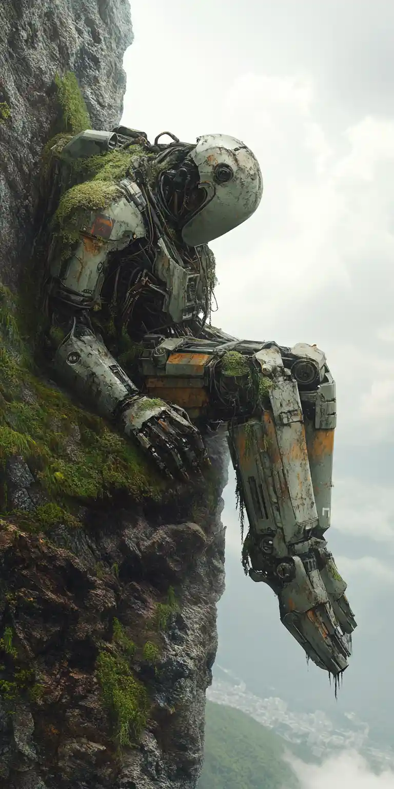 Rusty moss covered mecha resting beside a mountain cliff